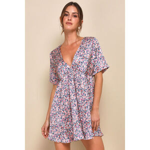 Lulus Express Yourself Blush Pink Floral Print Satin Babydoll Dress - Size XXS